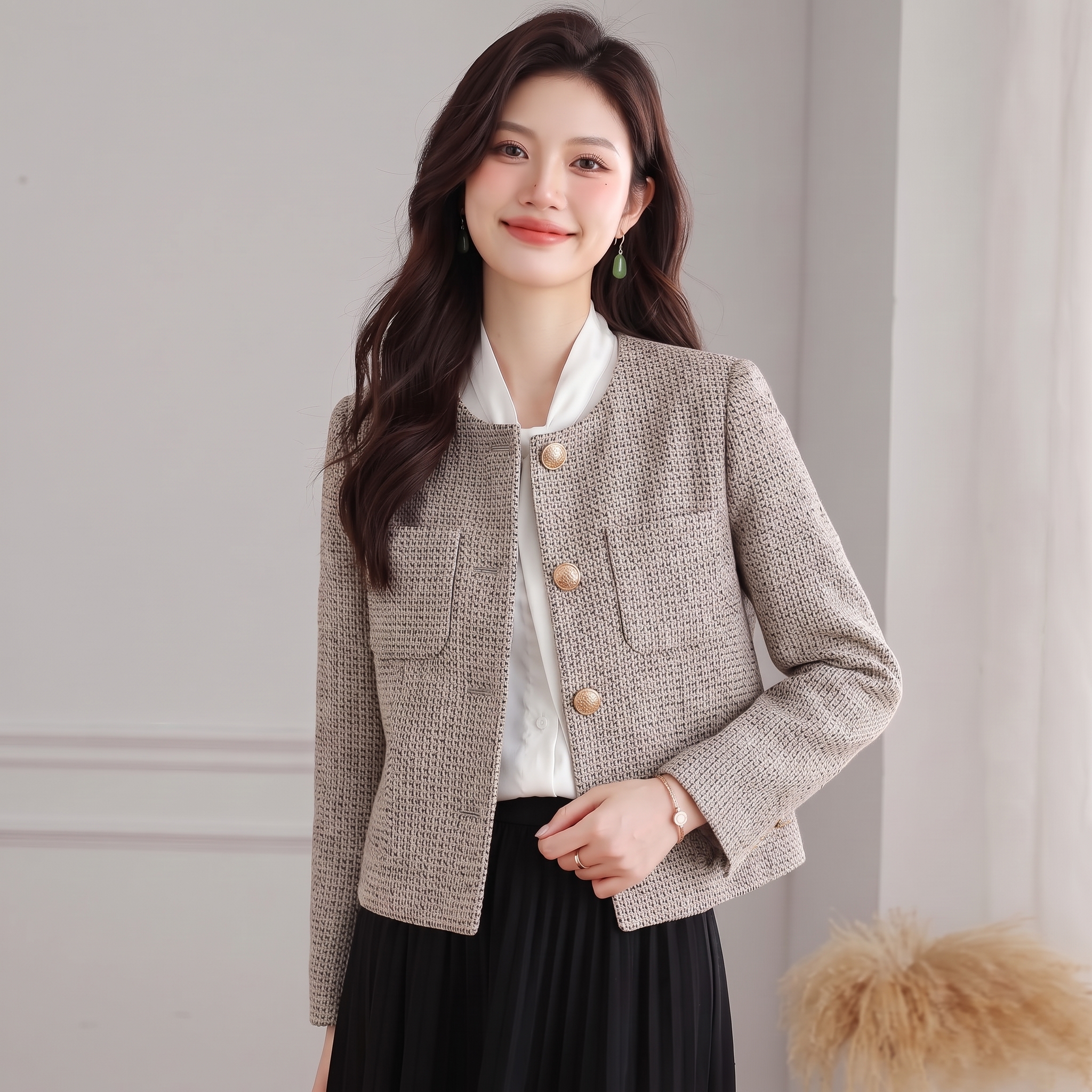 温柔风法式轻奢小香风外套女春秋冬洋气设计感立领短款上衣 服裝批發女裝批發服飾貨源