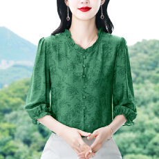 批发实拍大码棉麻印花时尚感上衣2026夏季新品立领漂亮七分袖绿色上衣