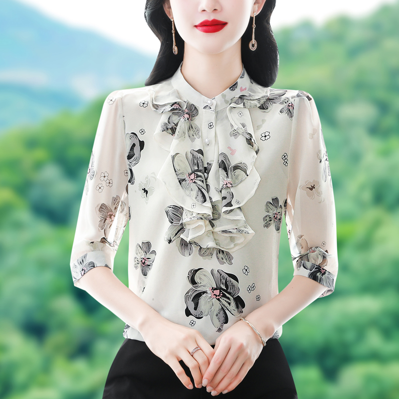 실사 2026 신제품 실크 프린트 작은 대중 빛 럭셔리 여성 7부 소매 궁정 바람 스탠드 칼라 아름다운 작은 셔츠
