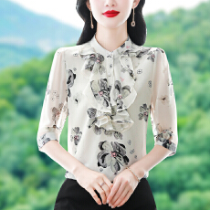批发实拍2026新品真丝印花小众轻奢女士<b class='q'>七分袖</b>宫廷风立领漂亮小衫