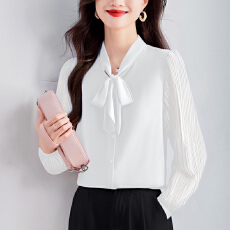 批发法式别致蓝色长袖衬衫2025春<b class='q'>秋</b>新款设计感时尚洋气雪纺蝴蝶结上衣