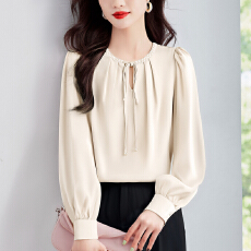 批发实拍时尚长袖垂感缎面抗皱衬衫女2026新款法式气质系带钉珠上衣