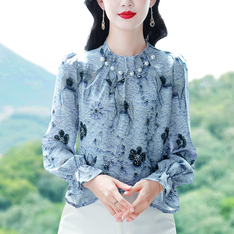 실사 새로운 빛 럭셔리 스탠드 칼라 패션 디자인 센스 셔츠 2026 쉬폰 프린트 봄 가을 다용도 여성 맨위