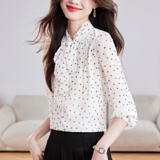 批发实拍新品波点百搭复古显瘦系带女士长袖上衣2026时尚洋气雪纺衬衫
