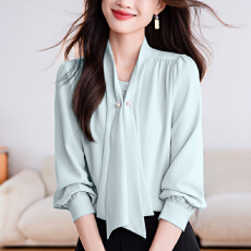 批发实拍2026珍珠扣系带衬衫时尚设计感纯色轻奢女士长袖春<b class='q'>秋</b>上衣