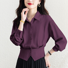 批发实拍2026新品设计感紫色<b class='q'>真丝</b>缎面收腰显瘦女士时尚洋气长袖<b class='q'>衬衫</b>