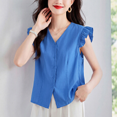 批发实拍夏季新品棉麻蓝色飞飞袖v领短袖<b class='q'>衬衫女</b>2026<b class='q'>韩版</b>减龄气质小衫