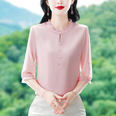 批发实拍真丝缎面衬衫女2026夏季新品木耳边设计感<b class='q'>立领</b>花朵女士上衣