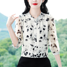 批发实拍真丝设计感<b class='q'>立领</b>女士衬衫2026大码显瘦碎花女士七分袖上衣