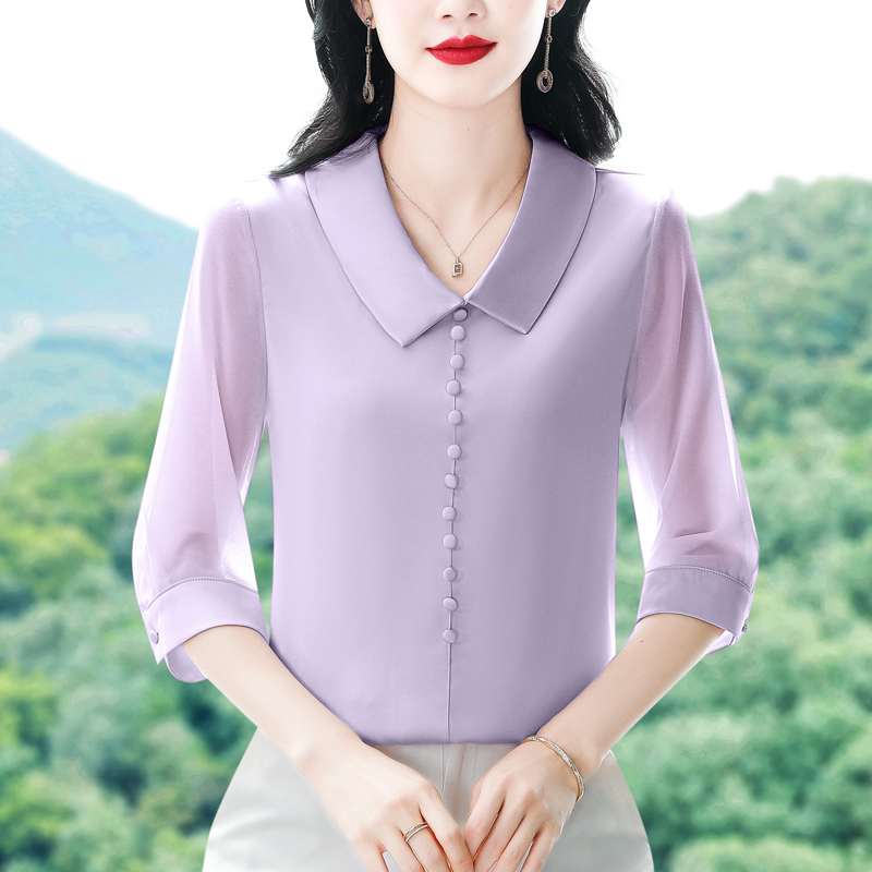 실사 2026 새로운 단색 프랑스식 우아함 폴로 칼라 7부 소매 디자인 센스 표지 배 실크 여성 맨위