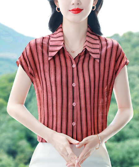 실사 2026 여름 신제품 미니멀리즘 캐주얼 폴로 칼라 여성 스트라이프 Feifei 소매 아름다운 편안함 작은 셔츠