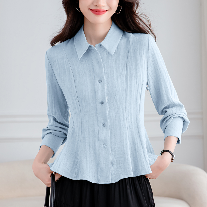 BY29648# 秋季新品棉麻收腰显瘦女士高端洋气翻领上衣  服裝批發女裝批發服飾貨源