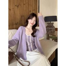 批发实拍实价新款早秋季紫色毛衣外套开衫吊带背心两件套