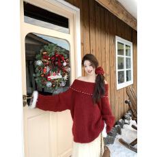 批发实拍实价新款新年圣诞款一字肩红色毛衣百搭上衣加厚