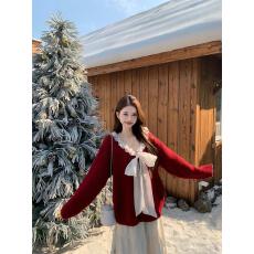 批发实拍实价法式蝴蝶结花边新春圣诞元旦款宽松<b class='q'>百搭</b>红色毛衣上衣女