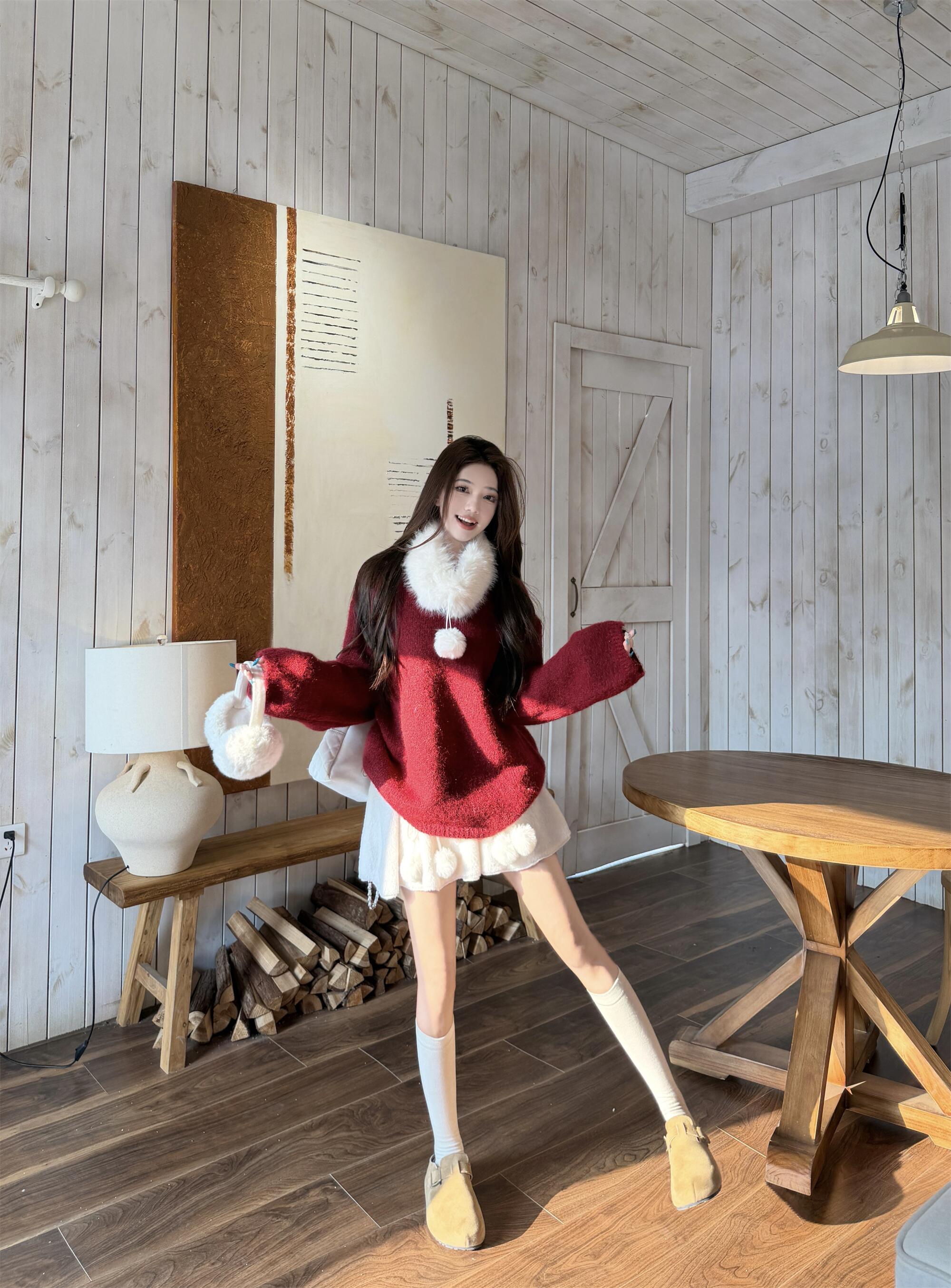 실사 정가 프랑스식 분위기 신년 새 봄 말의 해 다용도 루즈핏 빨간색 스웨터 목도리 플리스 미니 스커트