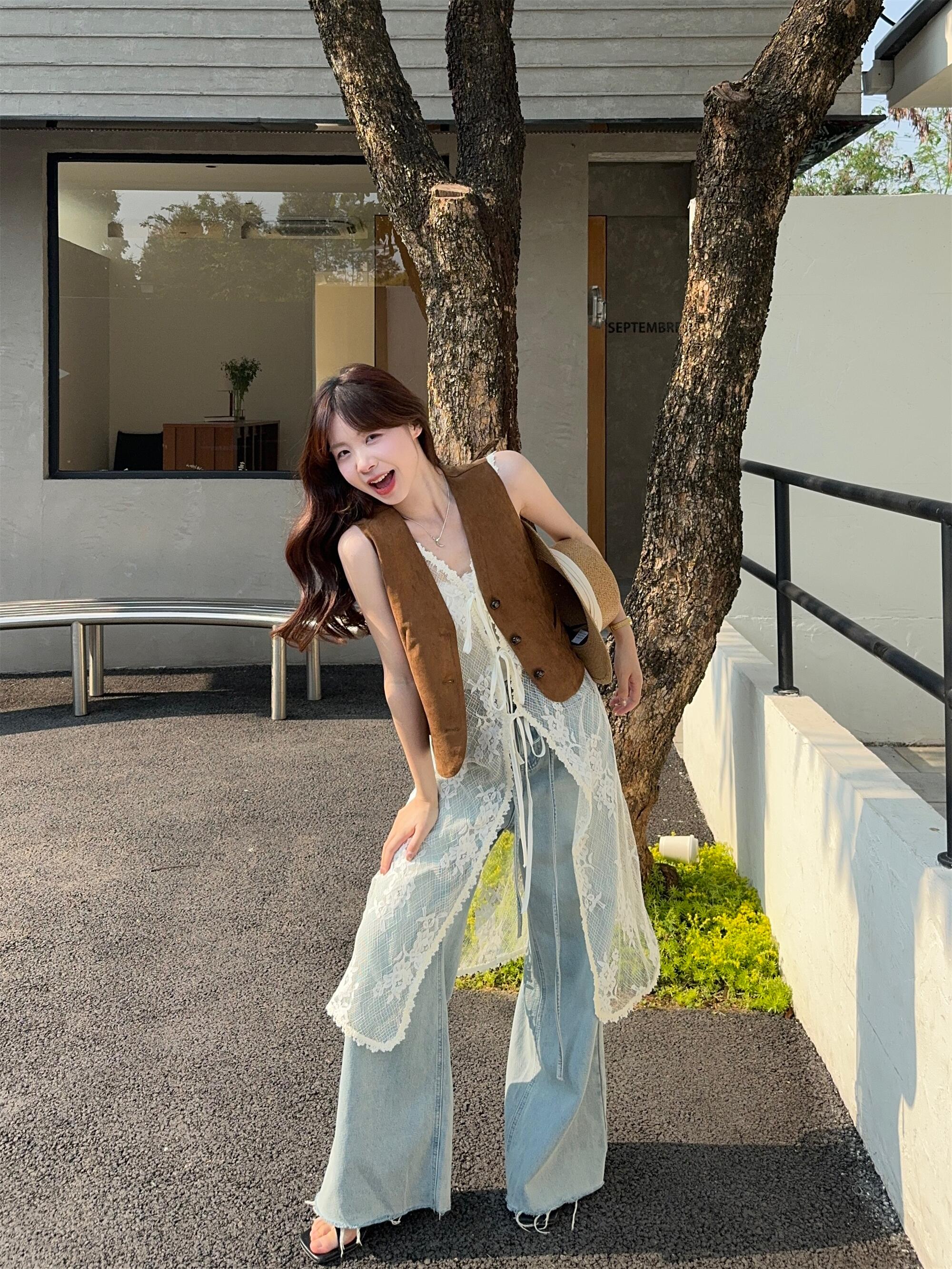 실사 정가 새로운 캐주얼 바람 민소매 베스트 레이스 레이스업 롱 코트 오픈 가디건 패션 스택 착용 투피스 세트