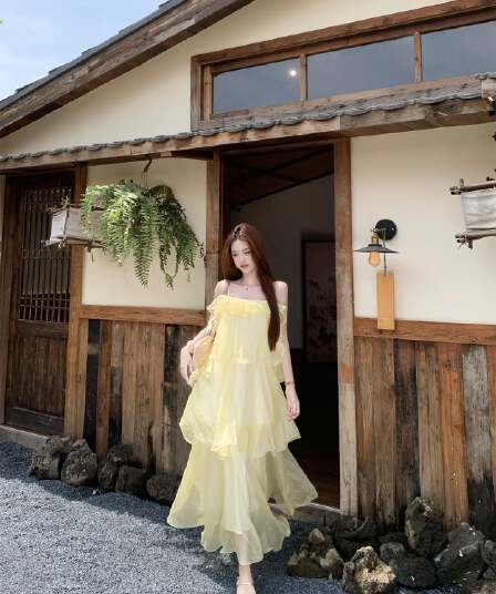 실사 정가 새로운 휴가 바람 분위기 센스 3 차원 프릴 질감 광택 요정 치마 여성 드레스