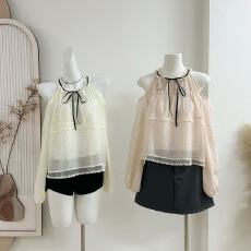 批发PtonUmi早纪春奈 露肩<b class='q'>波点</b><b class='q'>衬衫</b>女超好看显瘦上衣夏气质温柔娃娃衫