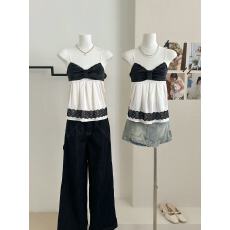 批发sheepland珍妮滤镜 蕾丝拼接缎面吊带背心女春<b class='q'>夏</b>捏褶显瘦无袖上衣