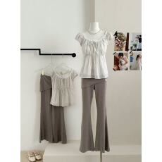 批发YUYUREAL塞西莉亚 浪漫蕾丝花边<b class='q'>条纹</b><b class='q'>衬衫</b>上衣短袖小飞袖娃娃衫女