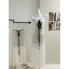 批发JMSHOP 晚风圆舞曲 亚麻针织一字领抹胸<b class='q'>连衣裙</b>女夏季收腰显瘦长裙