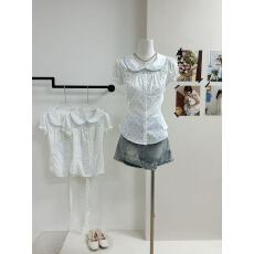 批发CallmeEar//【<b class='q'>波点</b>舞曲】娃娃领短袖缎面<b class='q'>衬衫</b>女春夏收腰显瘦上衣