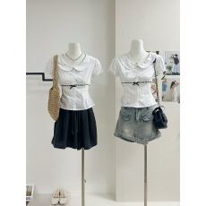 批发波点珍妮 娃娃领波点短袖<b class='q'>衬衫</b>女早春漂亮上衣服巨好看T恤