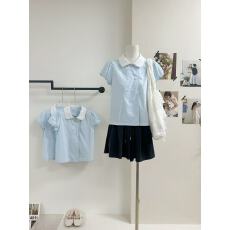 批发PtonUmi夏日优等生 娃娃领双排扣短袖衬衫女漂亮穿搭百搭显瘦上衣