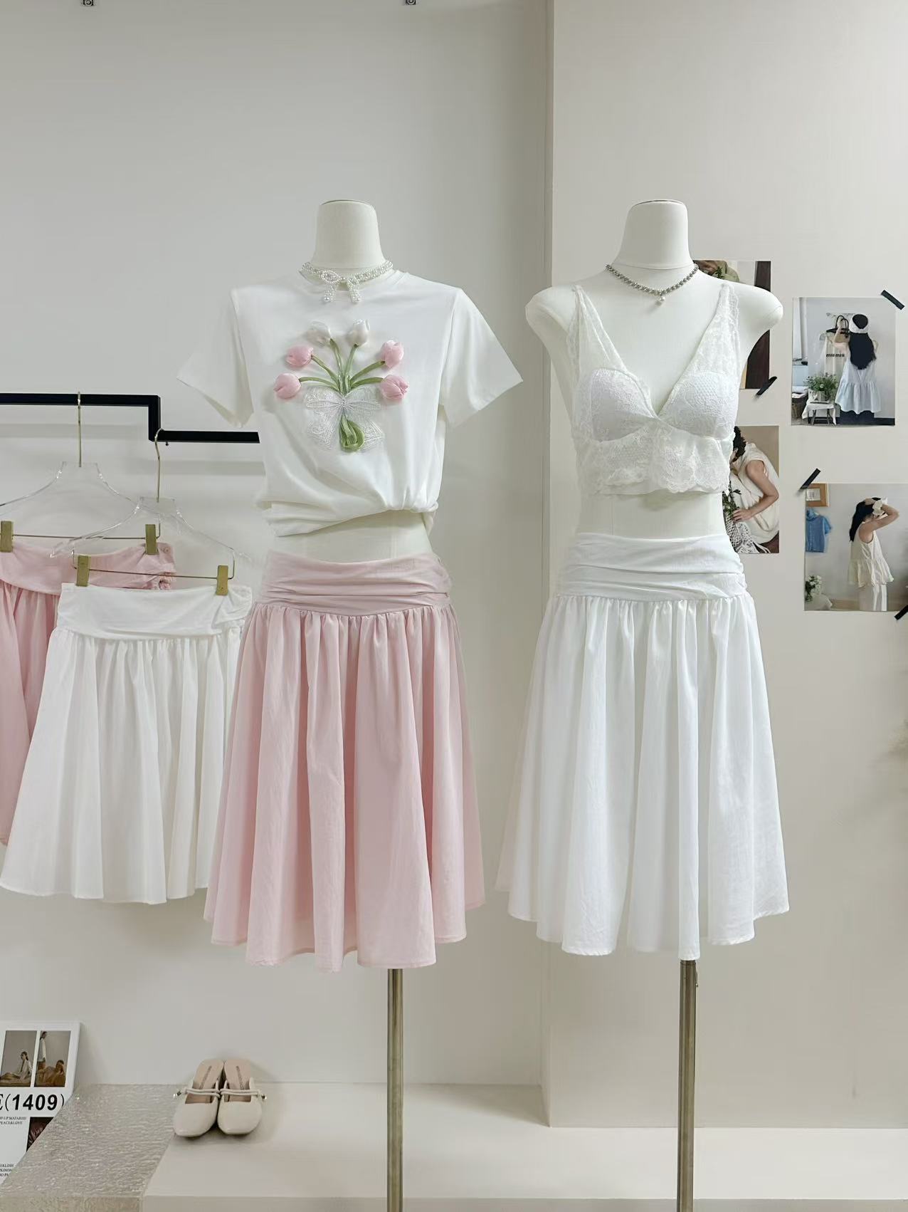goo goo eyes 확대 허리 머리 깨진 Pleat 한 마디 퍼프 우산 치마 루즈핏 슬림해 보이는 중간 길이 핑크색 반신 스커트