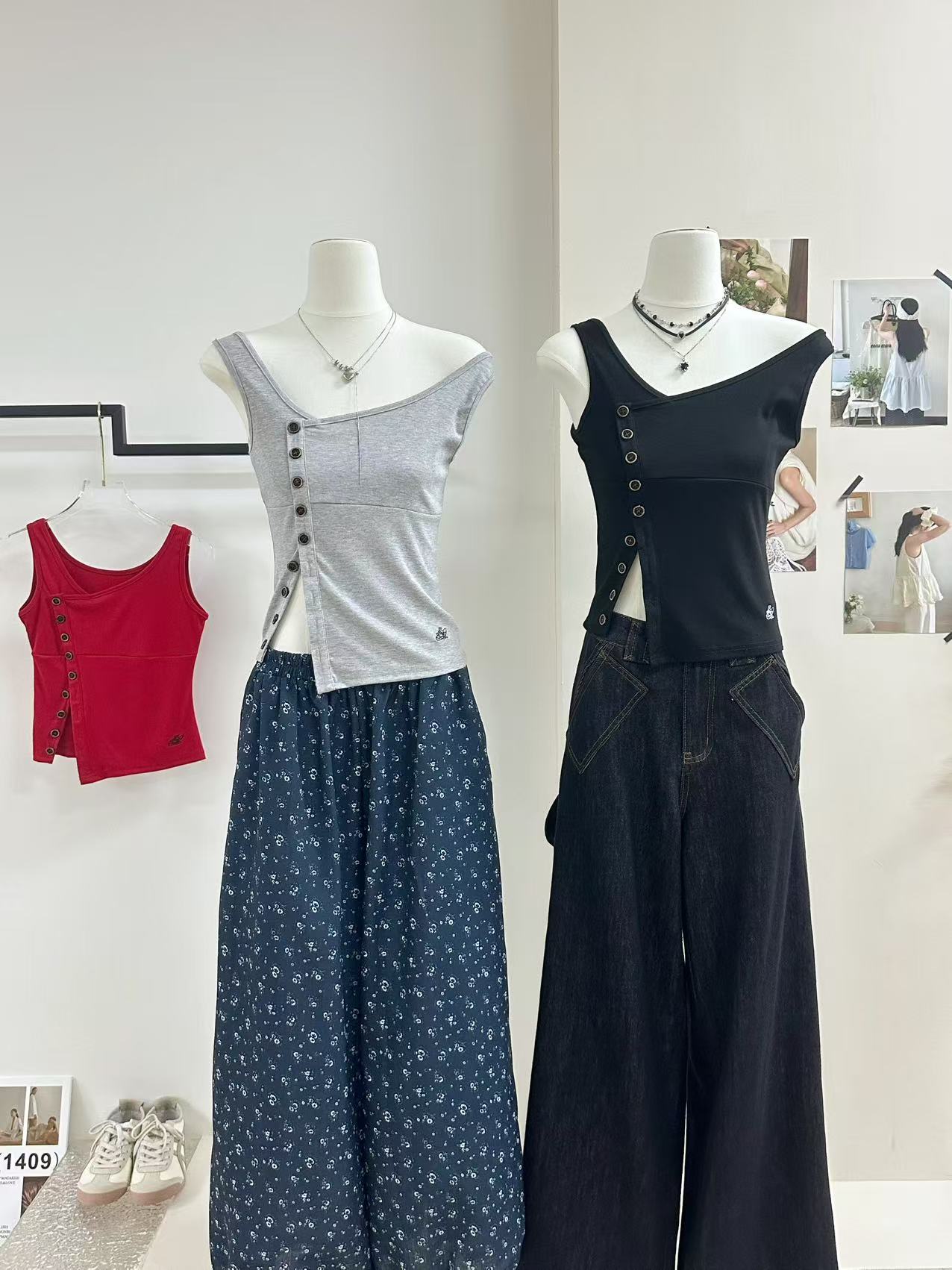tongiiuu vtg 행성 디자인 센스 비스듬한 칼라 비대칭 트임 단추 조끼 여성 민소매 맨위 여름
