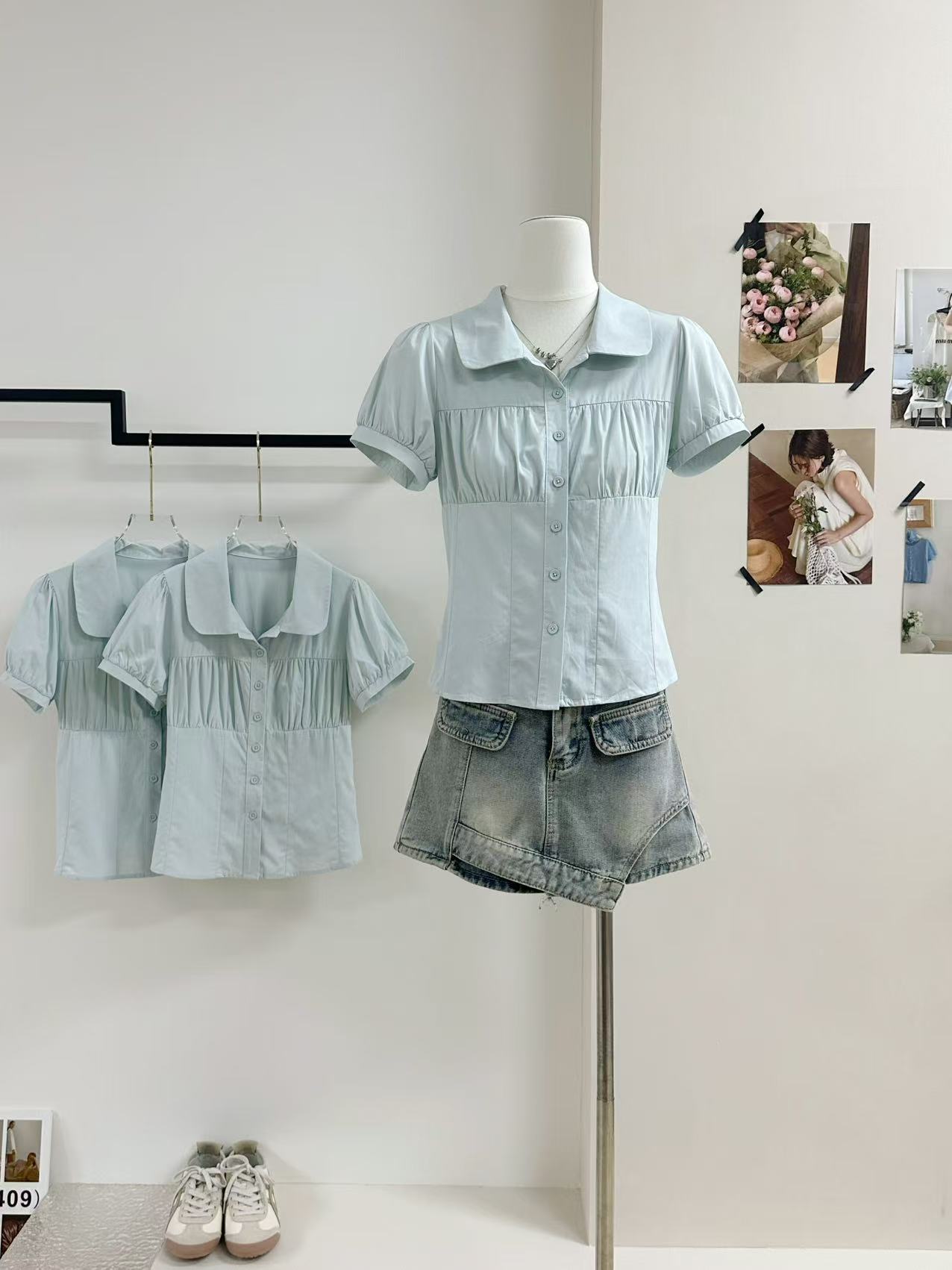 jmshop 박하 남자 웨이브 100 라이 경기 서울 주간 실크 베이비 칼라 반팔 셔츠 허리 수축 슬림해 보이는 깨진 Pleat 맨위