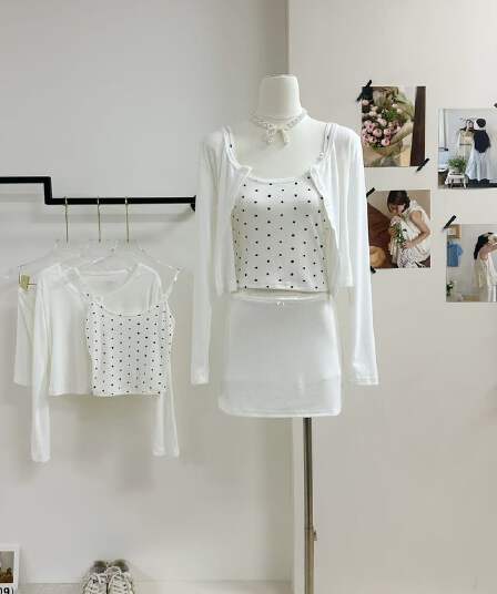 jmshop 빛 산소 법 도트 무늬 꽃무늬 캐미솔 얇은 스타일 니트 자외선 차단 오픈 가디건 반 스커트 세트