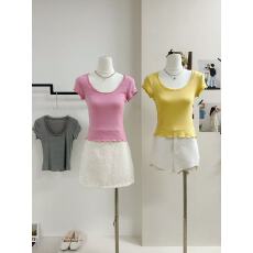 批发JMSHOP 美欲<b class='q'>轻熟</b>tee 全员自留！天丝羊毛短袖T恤女U领波浪边上衣