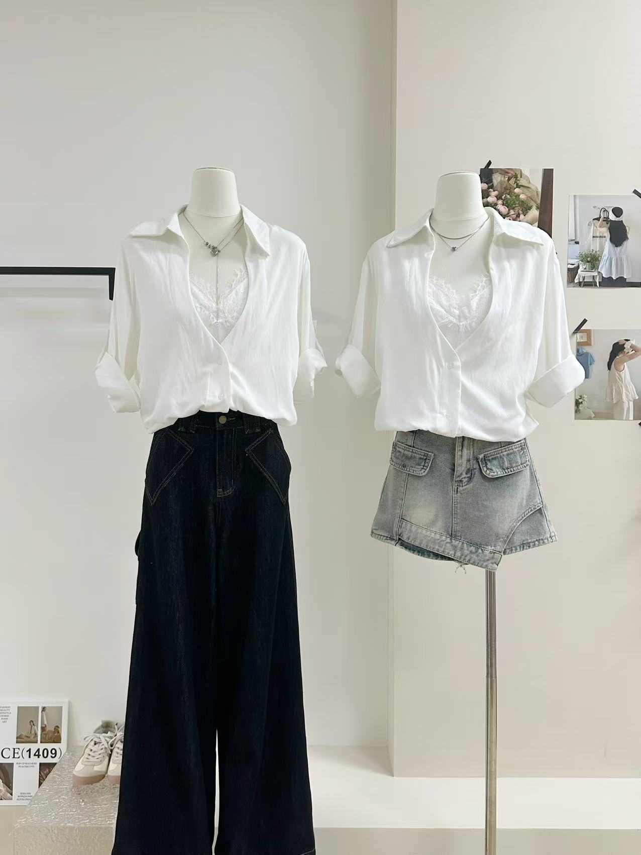 fcy studio 5 31 느슨함 비밀번호 페이크 레이어드 레이스 라미 주간 실크 중간 소매 자외선 차단 셔츠 맨위