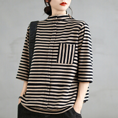 批发2026实拍春夏季新款全棉柔软高弹宽松假纽扣条纹五分<b class='q'>袖</b>T恤<b class='q'>上衣</b>