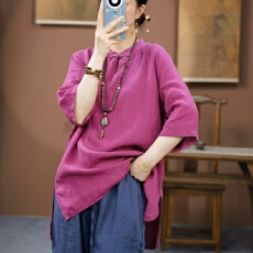 批发2026春夏季新款新中式纯色亚麻立领盘扣五分<b class='q'>袖</b>休闲<b class='q'>上衣</b>茶服