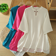 批发2026实拍春夏季新款新中式纯色亚麻立领盘扣五分<b class='q'>袖</b>休闲<b class='q'>上衣</b>茶服