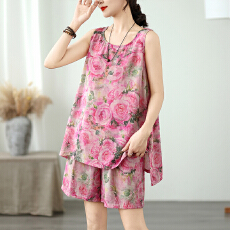 批发2026实拍春夏季新款天丝麻印花无袖宽松背心+宽松显瘦短<b class='q'>裤</b>套装