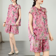 批发2026实拍春夏新款天丝麻复古印花典雅盘扣上衣+宽松显瘦短<b class='q'>裤</b>套装