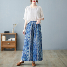 批发2026实拍春夏新款蜡染民族风印花松紧腰宽松显瘦休闲阔腿<b class='q'>裤</b><b class='q'>九分裤</b>