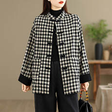 批发2025实拍秋冬新款<b class='q'>全棉</b>色织格皱感国风盘扣宽松显瘦外套