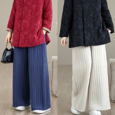 批发2025实拍秋冬新款纯色<b class='q'>亚麻</b>复古条纹夹棉防寒保暖显瘦直筒阔腿<b class='q'>裤</b>