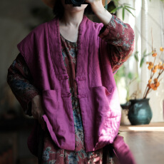 批发2025秋冬新款复古<b class='q'>棉麻</b>纯色V领盘扣对襟短款棉<b class='q'>背心</b>马甲