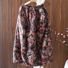 批发2025冬季新款复古文艺印花<b class='q'>棉麻</b>夹棉松紧腰加厚保暖中长款棉裙