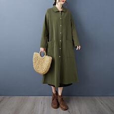 批发2026实拍春季新款文艺复古厚实<b class='q'>亚麻</b>中长款翻领开胸长袖<b class='q'>外套</b>