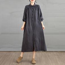 批发2026实拍春季新款慵懒风双层色织<b class='q'>条纹</b>棉麻宽松显瘦大码衬衫连衣<b class='q'>裙</b>