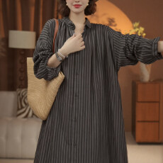 批发2026春季新款慵懒风双层色织<b class='q'>条纹</b>棉麻宽松显瘦大码衬衫连衣<b class='q'>裙</b>