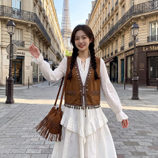 批发巴黎时尚风麂皮绒旅游度假穿塔西部牛仔小马甲女马夹开衫小外套