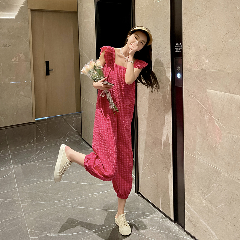 FA35754# 粉色格子吊带连体裤女夏季新款韩版宽松减龄设计感束脚七分裤 服裝批發女裝批發服飾貨源